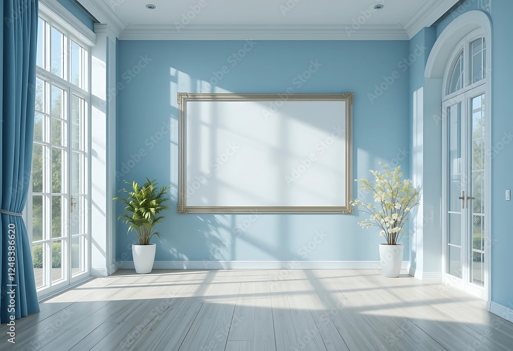 Fototapeta premium Elegant Blue Room Interior with Blank Frame Mockup for Artwork Display