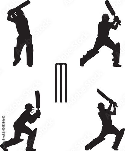 Four black silhouette figures of cricket players in dynamic action, striking and fielding.