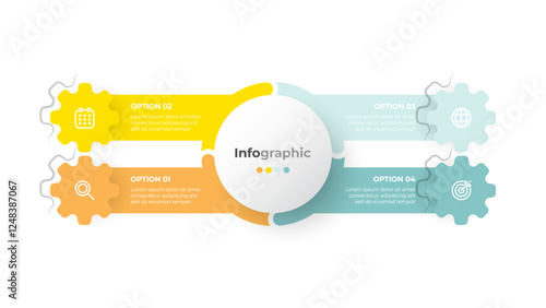 Data Visualization Concept. Creative infographic design with 4 step or options in a gears. Ideal for illustrating workflows, business strategies, or project timelines.