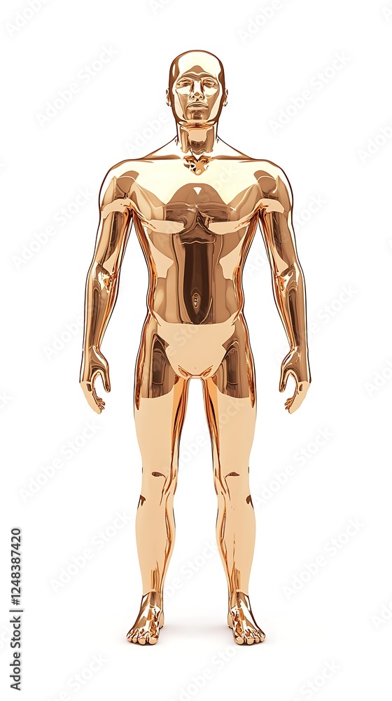 A shiny, metallic humanoid figure stands upright, showcasing a sleek, stylized design with no distinct facial features. A shiny, metallic humanoid figure stands upright, showcasing a sleek, stylized design with no distinct facial features.