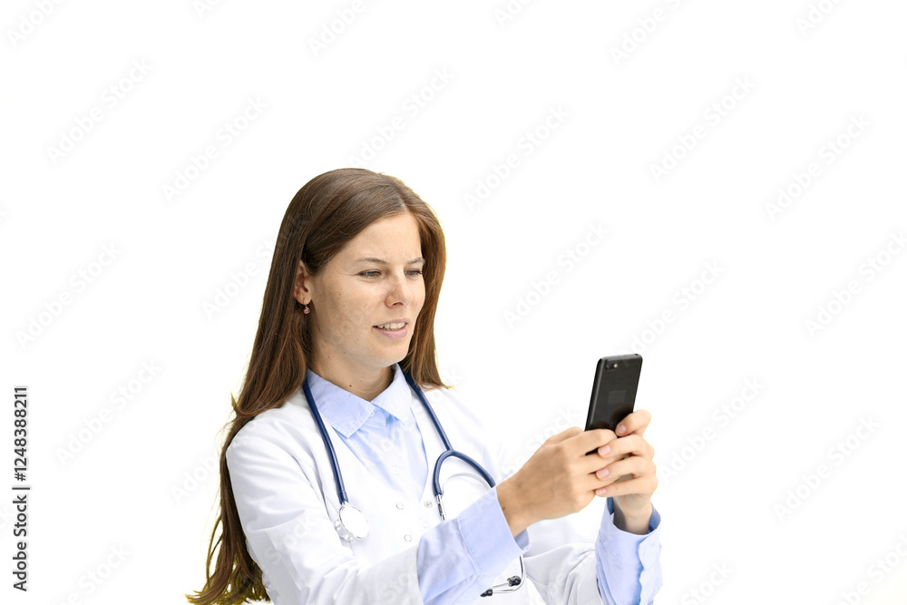 Female doctor, close-up, on a white background, with a phone Female doctor, close-up, on a white background, with a phone