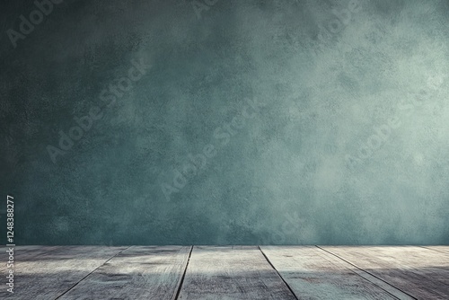 Empty room, teal wall, wooden floor, studio backdrop photo