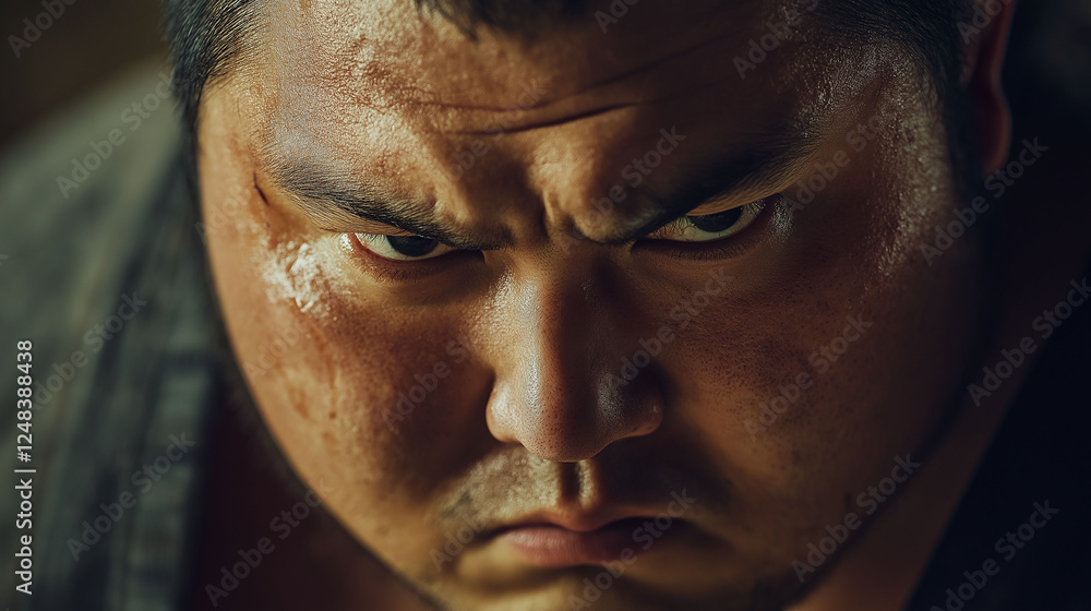 Fototapeta premium Close-up of sumo fighter's intense expression, soft-focus background, moody cinematic lighting, high-detail sports portrait