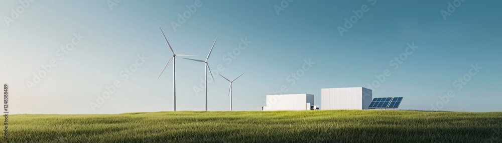 Obraz premium wide-angle photography of a futuristic green energy hub, featuring wind turbines, solar panels, and hydrogen refueling stations, dramatic skyline backdrop, vibrant and progressive urban environment