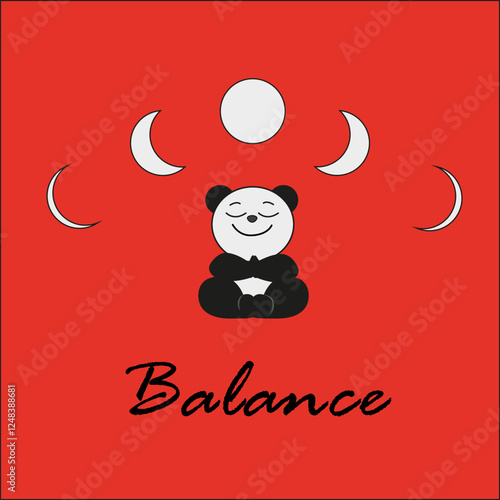 panda meditating under the moon on a red background with the word balance vector illustration