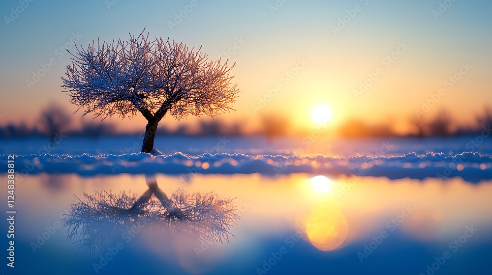 Obraz premium Winter Sunset Tree Reflection in Snow