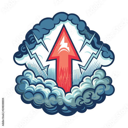 A vibrant, glowing upward arrow forcefully pierces dark, swirling storm clouds, symbolizing overcoming adversity.