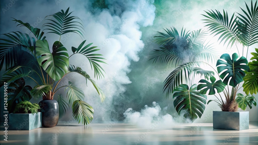 Fototapeta premium Lush Tropical Foliage in a Serene and Mystical Indoor Setting with Foggy Atmosphere