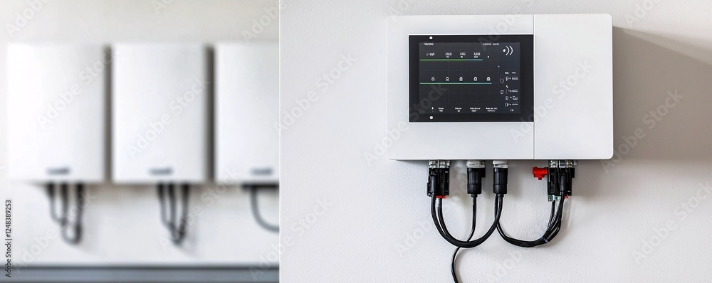 close-up photography of a solar inverter panel displaying system diagnostics, sharp focus on digital readings, subtle reflections of the surrounding area, clean and technical design close-up photography of a solar inverter panel displaying system diagnostics, sharp focus on digital readings, subtle reflections of the surrounding area, clean and technical design