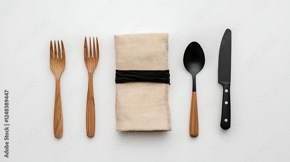 Fototapeta premium Wooden and Black Cutlery with Beige Napkin