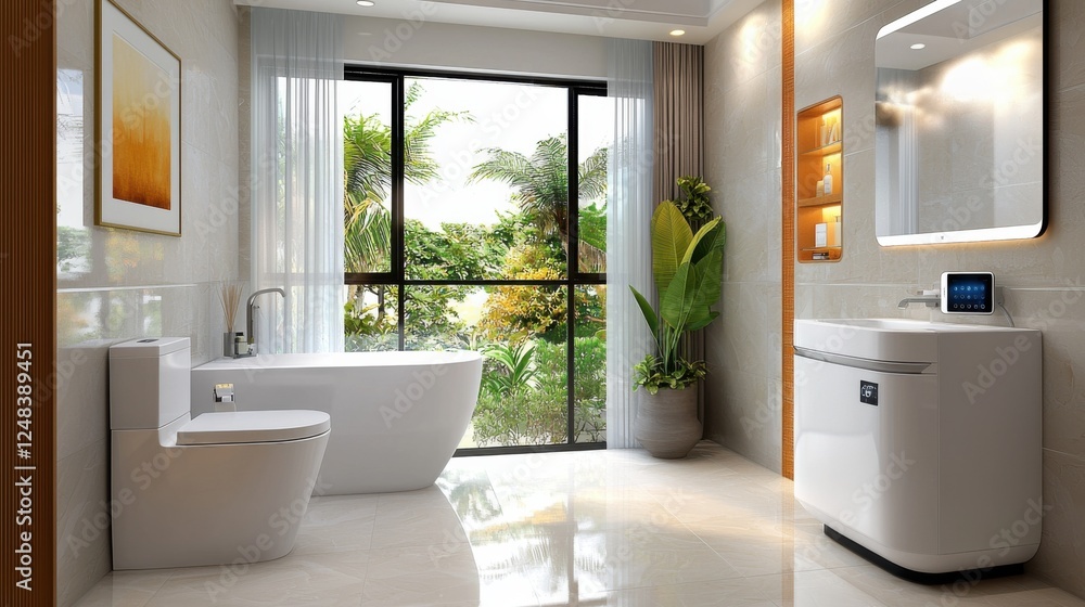 A serene and sophisticated bathroom design that seamlessly blends futuristic elements with natural accents creating a calming and rejuvenating retreat for the senses A serene and sophisticated bathroom design that seamlessly blends futuristic elements with natural accents creating a calming and rejuvenating retreat for the senses