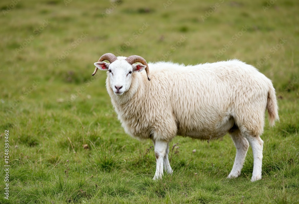 ewe with horns standing in a lush grass field in england ewe with horns standing in a lush grass field in england