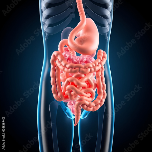 3d illustration of human digestive system anatomy, concept of the intestine, laxative, traitement of constipation, 3d render photo