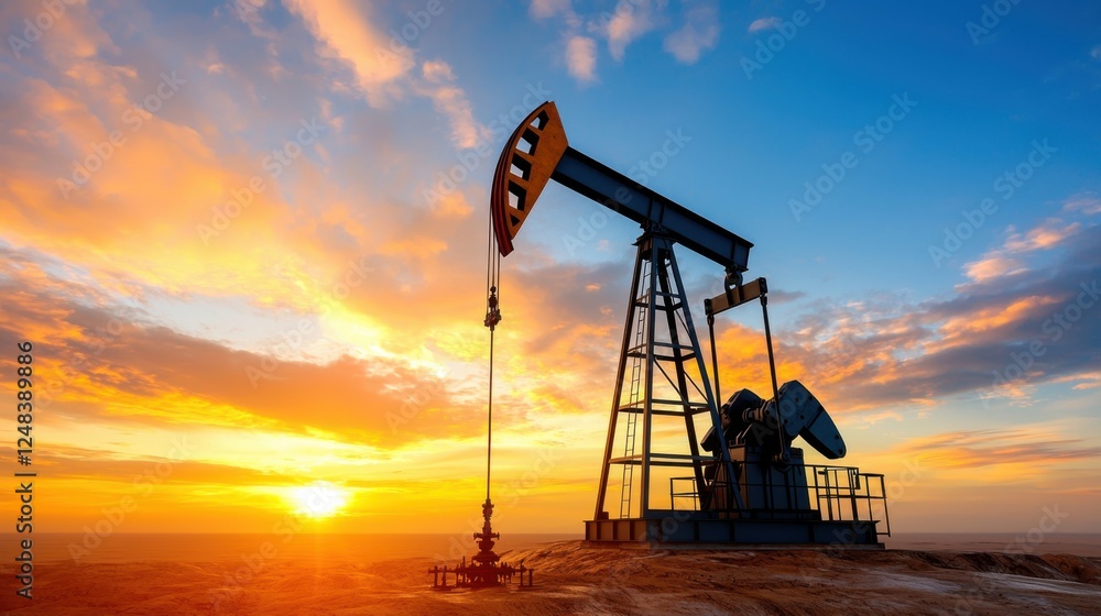 Close up of an oil pumpjack vividly illuminated against a dramatic vibrant sunset sky with dynamic clouds The industrial machinery stands tall in the landscape Close up of an oil pumpjack vividly illuminated against a dramatic vibrant sunset sky with dynamic clouds The industrial machinery stands tall in the landscape
