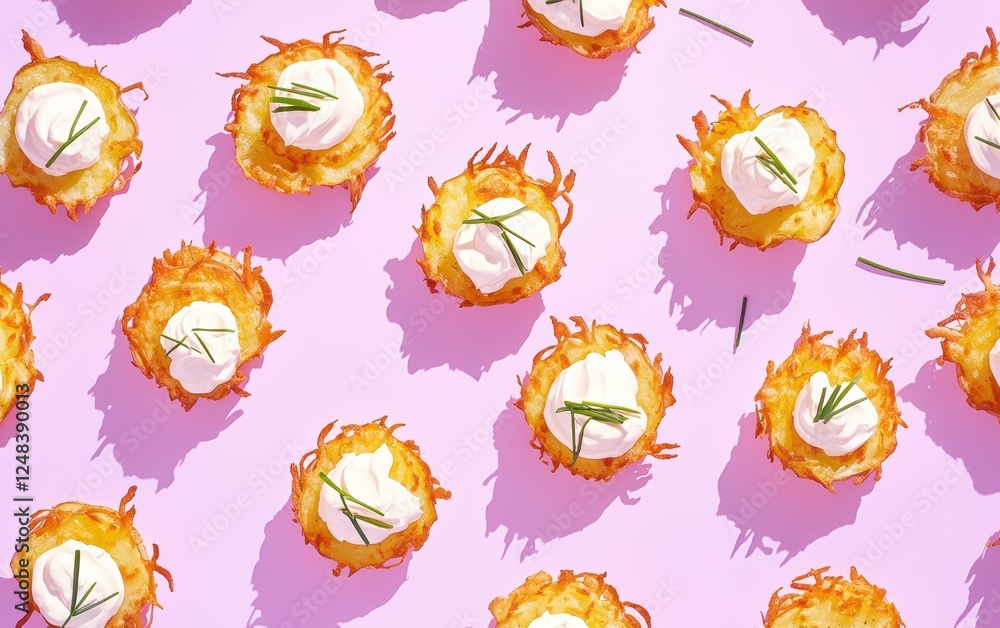Crispy potato latkes with sour cream and chives, arranged on a pastel lavender background Crispy potato latkes with sour cream and chives, arranged on a pastel lavender background
