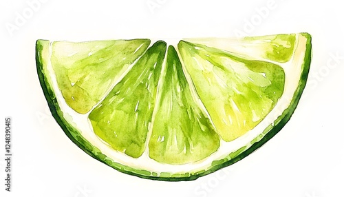 Watercolor painting depicts a vibrant green lime wedge section