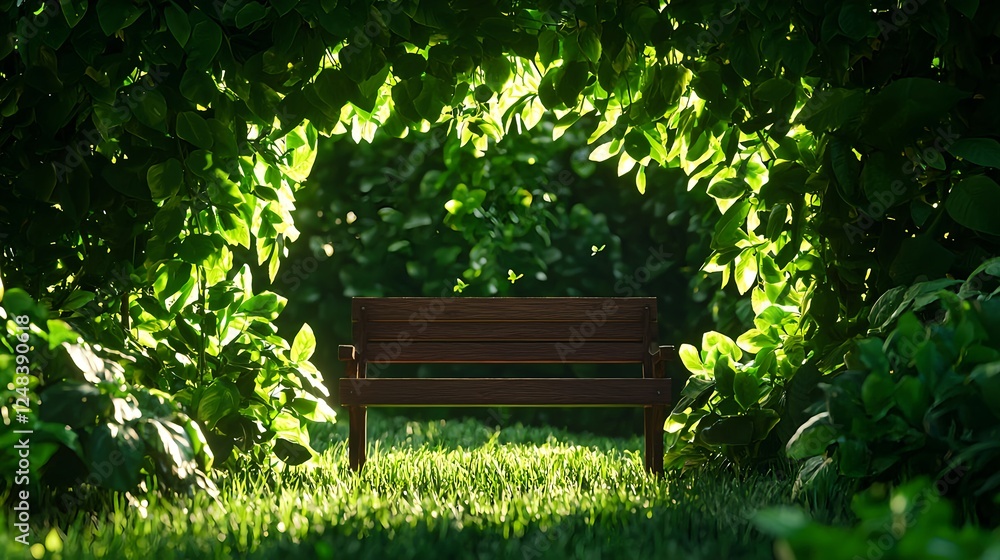 Wooden Bench in a Lush Green Garden Encircled by Sunlight Wooden Bench in a Lush Green Garden Encircled by Sunlight