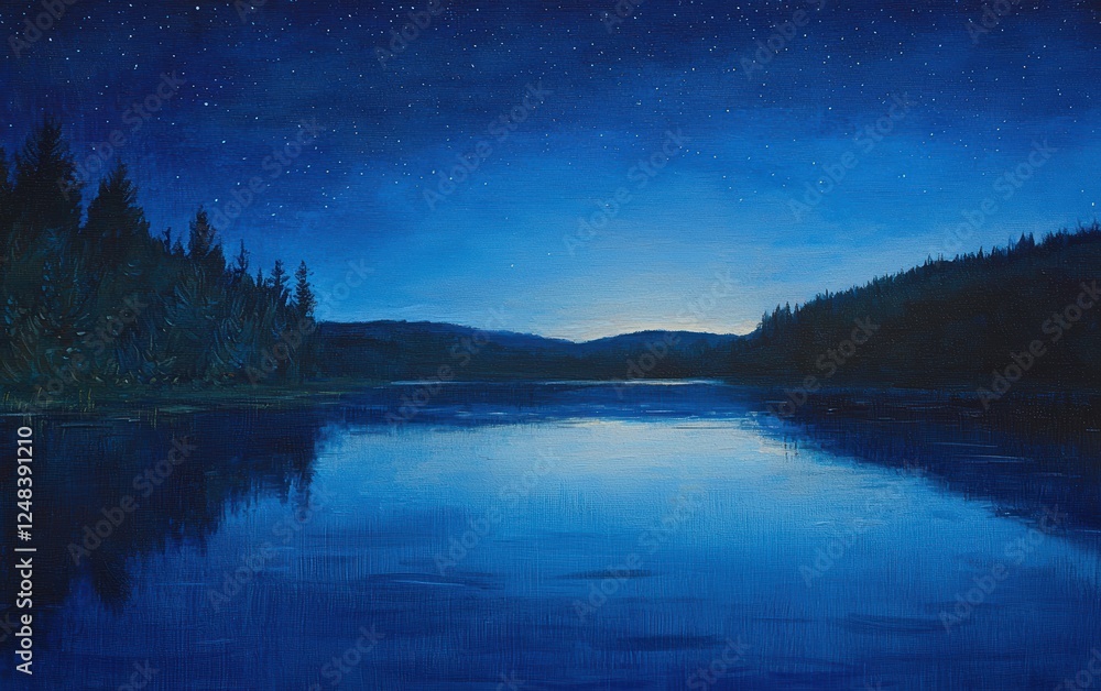 Fototapeta premium Crystal-clear lake mirroring the starry night sky, deep blues and soft glow