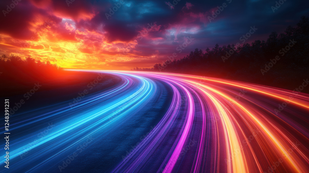 Bright multicolor neon light paths converge in dynamic sunset scene, showcasing vibrant blue and pink streaks against dramatic sky. landscape evokes sense of motion and energy Bright multicolor neon light paths converge in dynamic sunset scene, showcasing vibrant blue and pink streaks against dramatic sky. landscape evokes sense of motion and energy