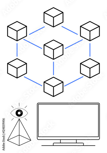 Interconnected cubes representing blockchain network, eye of Providence atop a pyramid, and computer monitor outline are visible. Ideal for blockchain, cryptocurrency, technology, surveillance