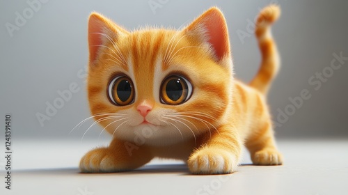 A 3D cartoon cat with big eyes, stretching playfully on a white background