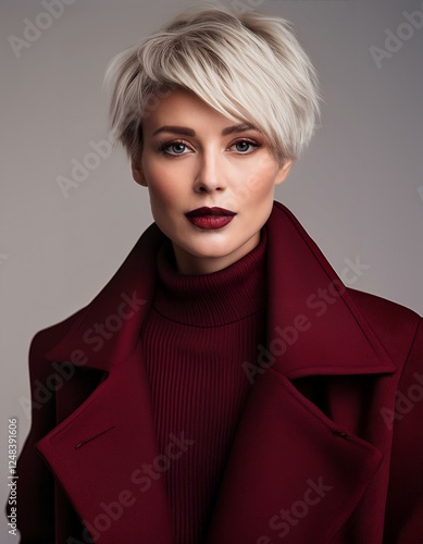 a blonde woman with short hair wearing a dark red bordeaux coat on a light grey background, fashion photography, fall winter collection
