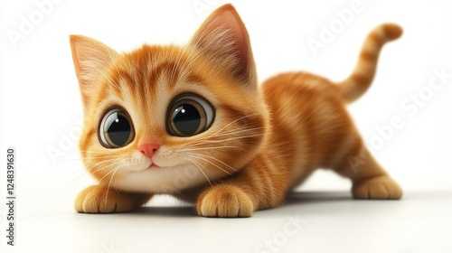 A 3D cartoon cat with big eyes, stretching playfully on a white background