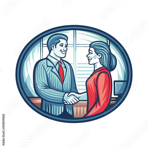 A confident business owner shakes hands with a smiling digital avatar, symbolizing a successful tech partnership.