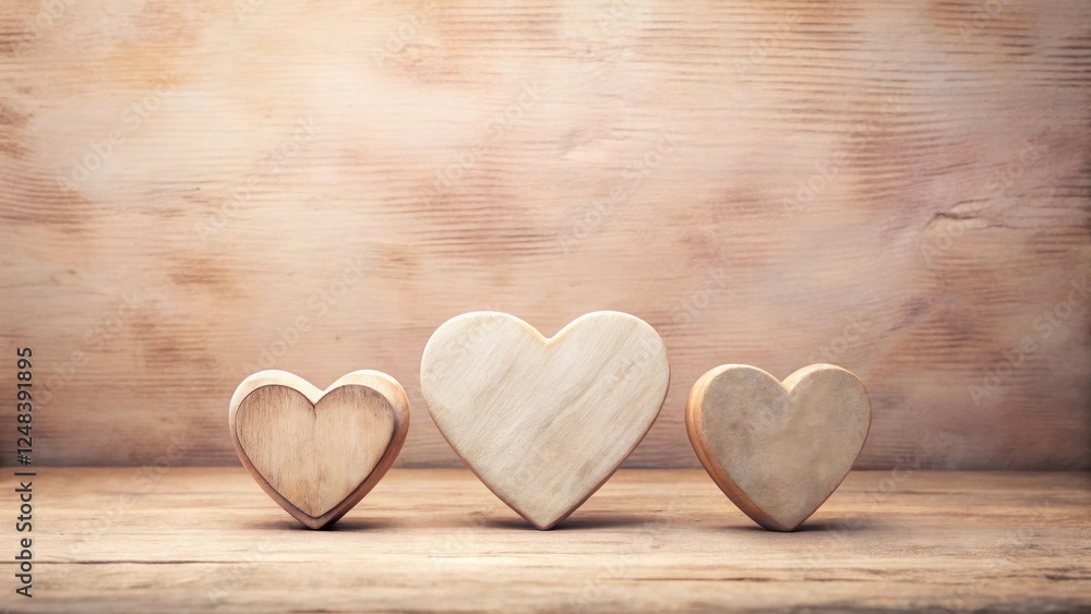 Fototapeta premium Three Wooden Hearts on Rustic Wooden Surface, Symbol of Love and Family