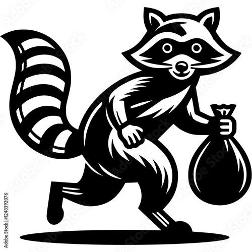 Tattoo of raccoon thief in robber mask with a bag of stolen loot in monochrome. Engraving minimalistic vector in black ink drawing on transparent background