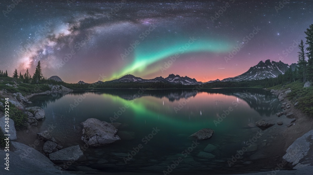 Milky Way Aurora Borealis Over Mountain Lake Reflection Milky Way Aurora Borealis Over Mountain Lake Reflection