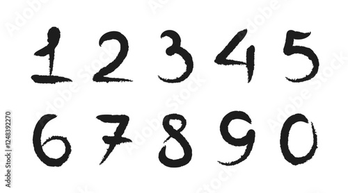 Collection of number with dirty Grunge texture. Grunge chalk numbers from 0 to 9 hand drawn. Typographic numbers brush texture. Vector illustration of hand painted scrawl numbers