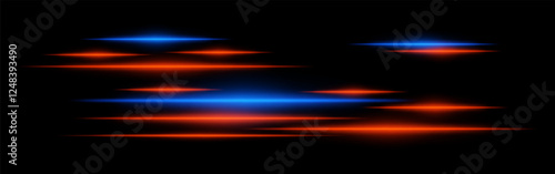 Glowing red and blue light streaks on a black background. Horizontal neon beams create a high-speed motion effect, symbolizing futuristic energy and digital acceleration
