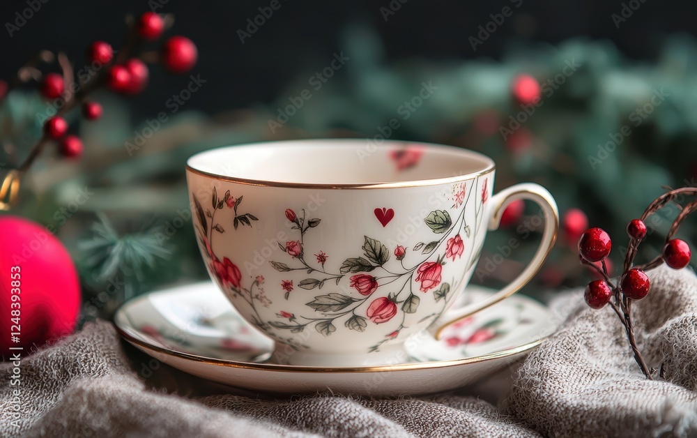 Fototapeta premium Delicate teacup with floral engravings, Saint Valentines Day and 8 March International Womens Day