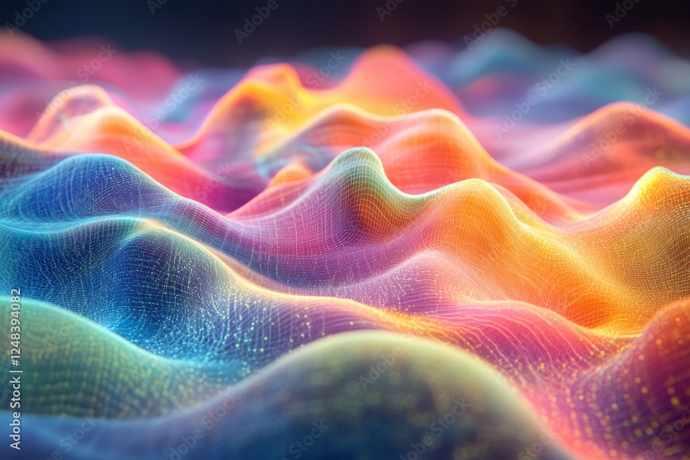 Fototapeta premium Abstract colorful 3D rendering of a flowing mesh landscape with vibrant gradients and glowing particles.