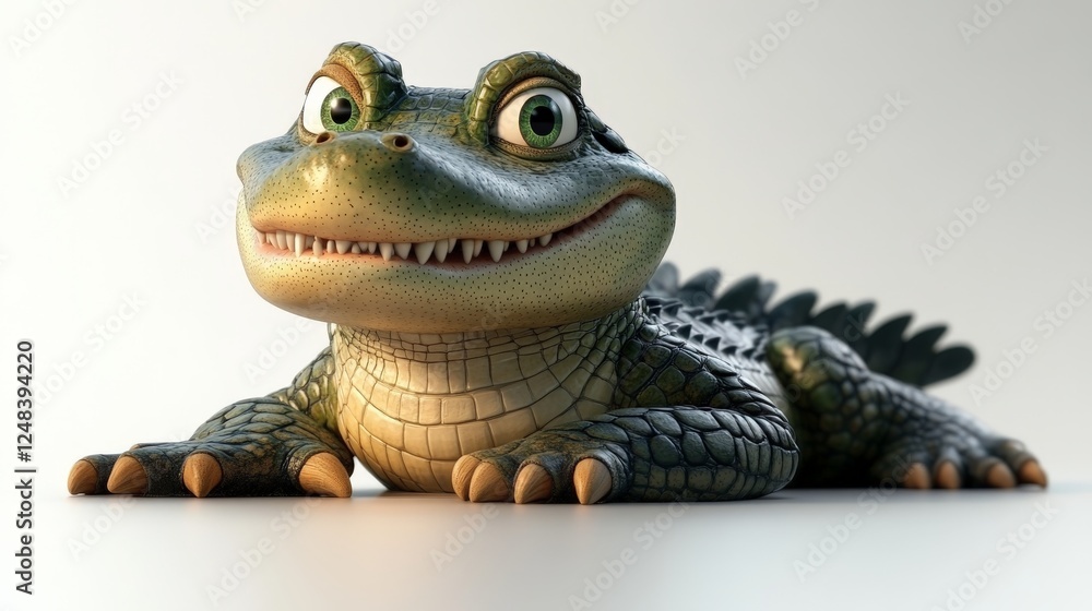 A 3D cartoon crocodile with a wide grin and small limbs, lounging on a white background. A 3D cartoon crocodile with a wide grin and small limbs, lounging on a white background.