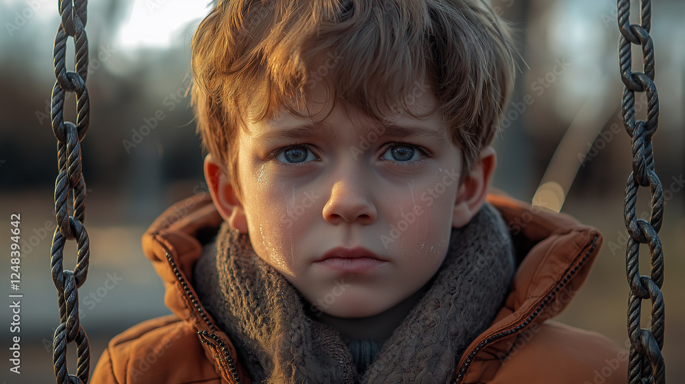 Portrait of a young boy with tears in his eyes sitting on a swing in a playground during a chilly afternoon Portrait of a young boy with tears in his eyes sitting on a swing in a playground during a chilly afternoon
