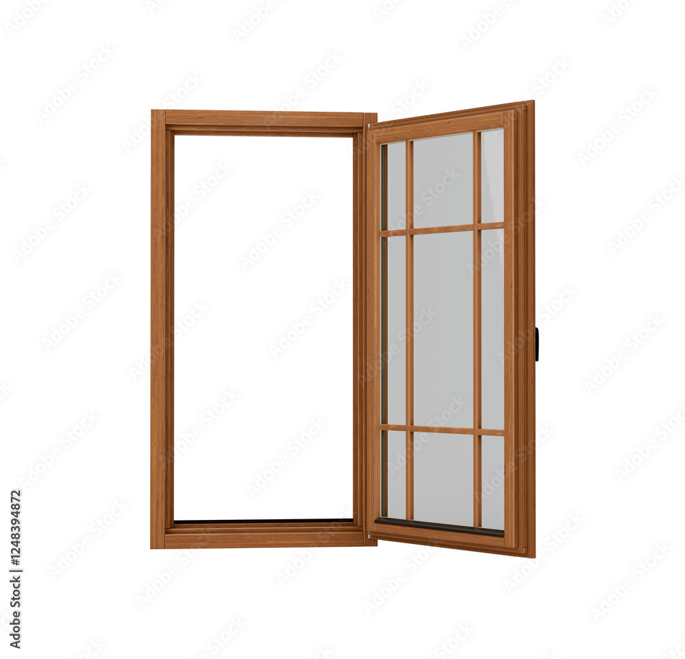 A Tall Wooden Window With Multiple Glass Panes And Black Handle For Interior Designs 3D Illustration A Tall Wooden Window With Multiple Glass Panes And Black Handle For Interior Designs 3D Illustration