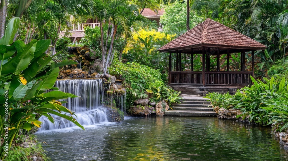 A charming wooden gazebo by a small pond with a gentle waterfall, surrounded by vibrant green plants. --chaos 20 --ar 16:9 --quality 2 --v 6.1 Job ID: d0f72043-4279-42b3-b75b-88344f08e060 A charming wooden gazebo by a small pond with a gentle waterfall, surrounded by vibrant green plants. --chaos 20 --ar 16:9 --quality 2 --v 6.1 Job ID: d0f72043-4279-42b3-b75b-88344f08e060