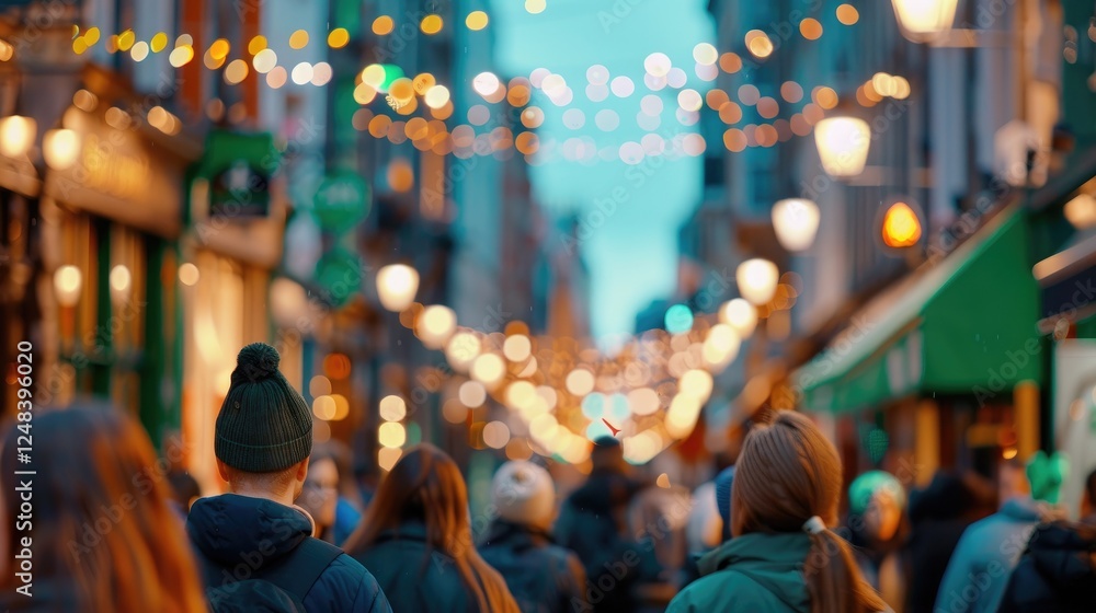 Evening Street Filled With Warm Lights And Crowds Evening Street Filled With Warm Lights And Crowds