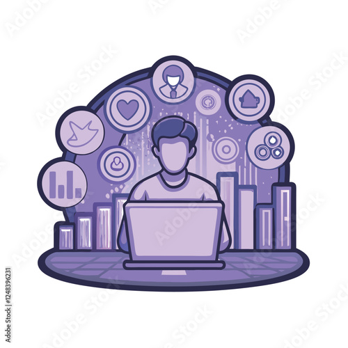 A young, diverse digital marketer sits at a modern desk, intensely focused on their laptop, analyzing data and strategizing marketing campaigns.