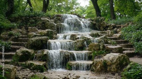 A large rock garden with a cascading waterfall, creating a soothing ambiance for meditation and relaxation. --chaos 20 --ar 16:9 --quality 2 --v 6.1 Job ID: e353ddbb-f0bc-4684-85c4-f779c789cf3a