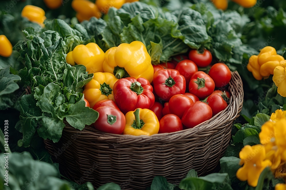 Fototapeta premium Fresh Organic Harvest: Basket of Tomatoes, Peppers, and Greens for Farm-to-Table Cooking