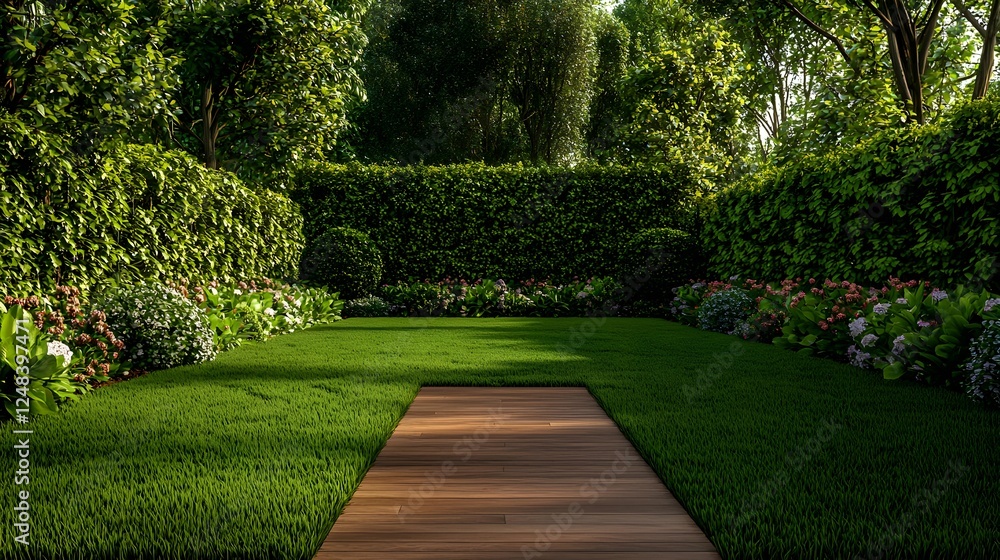 Obraz premium Wooden Path Through a Lush Green Garden