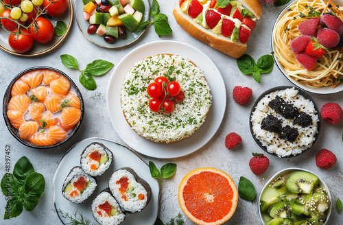Wallpaper Mural A top-down view of various dishes from an American-style restaurant, including items like spaghetti Bolognese with tomato sauce and herbs, delicious breakfast egg sandwiches on white bread Torontodigital.ca