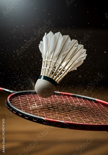 Action Shot of Badminton Shuttlecock in Mid-Flight, Hitting the Racket