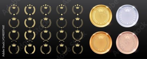 Golden, Silver, Bronze, and Rose Gold Award Medals with Laurel Wreaths Set. Shining Round Badge Prizes for Winners and Award Trophy Nominees. First, Second, Third, and Fourth Prize Design Elements