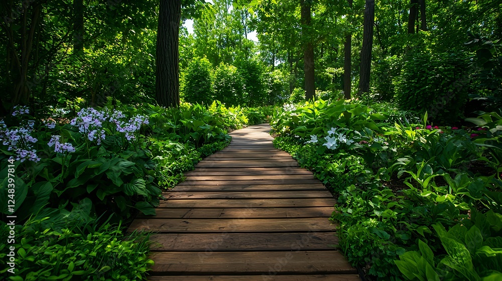 Obraz premium Wooden Path Through Lush Green Garden
