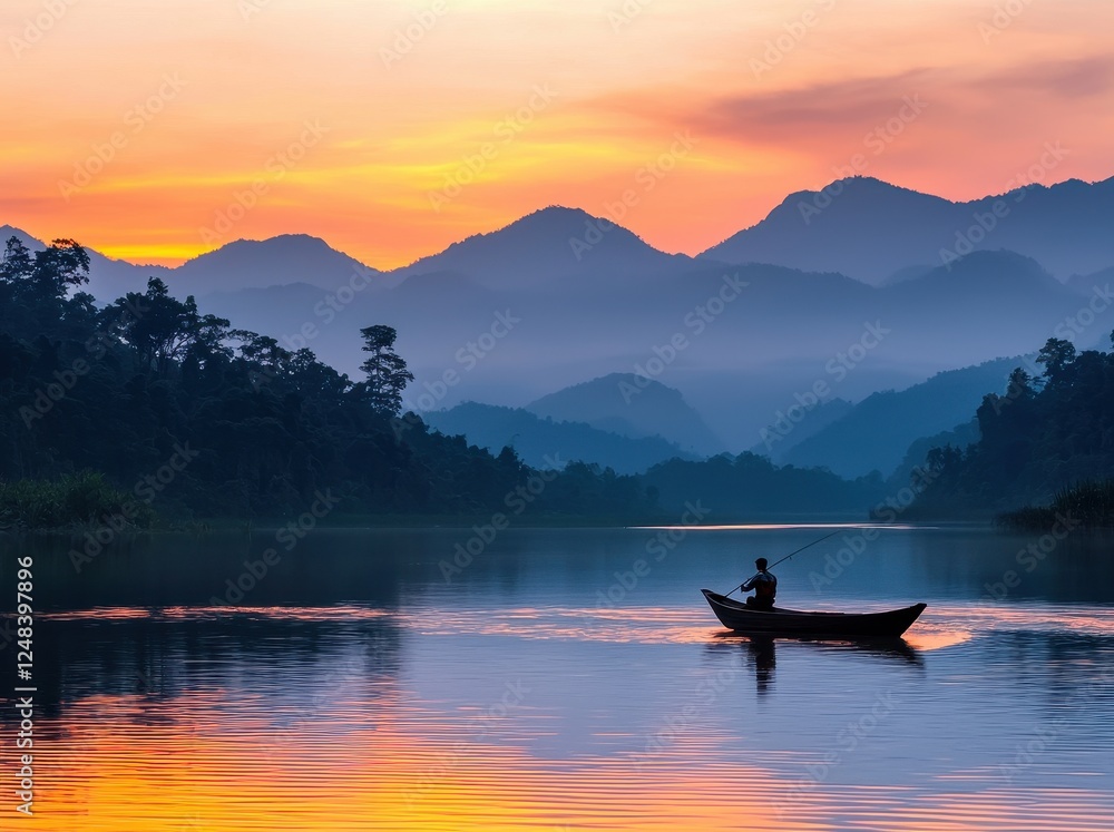 Serene Fisherman on Calm Water at Sunrise with Mountains in Background Serene Fisherman on Calm Water at Sunrise with Mountains in Background