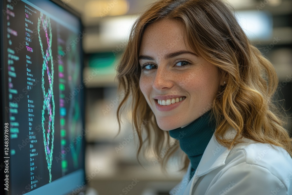 A smiling female scientist looks at genetic code displayed on a computer screen. A smiling female scientist looks at genetic code displayed on a computer screen.